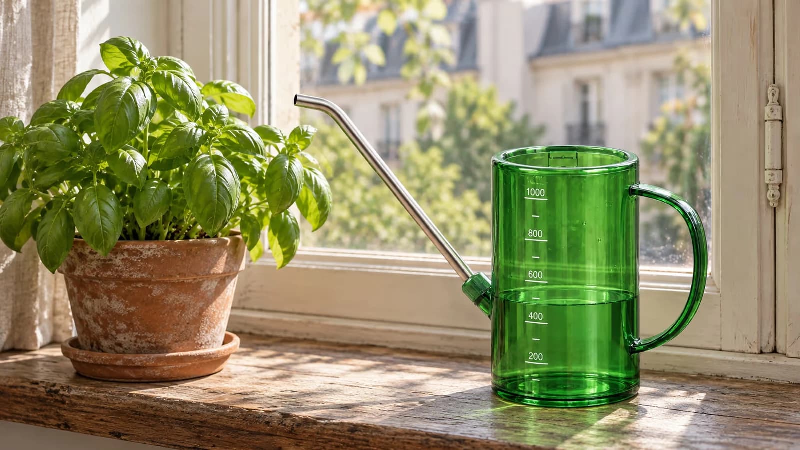 Arrosoir vert à corps translucide et bec long en acier inoxydable posé sur un rebord de fenêtre, près d'un pot de basilic