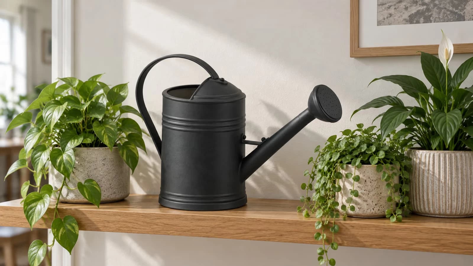 Arrosoir noir à long bec posé sur une étagère en bois entre trois pots de plantes vertes