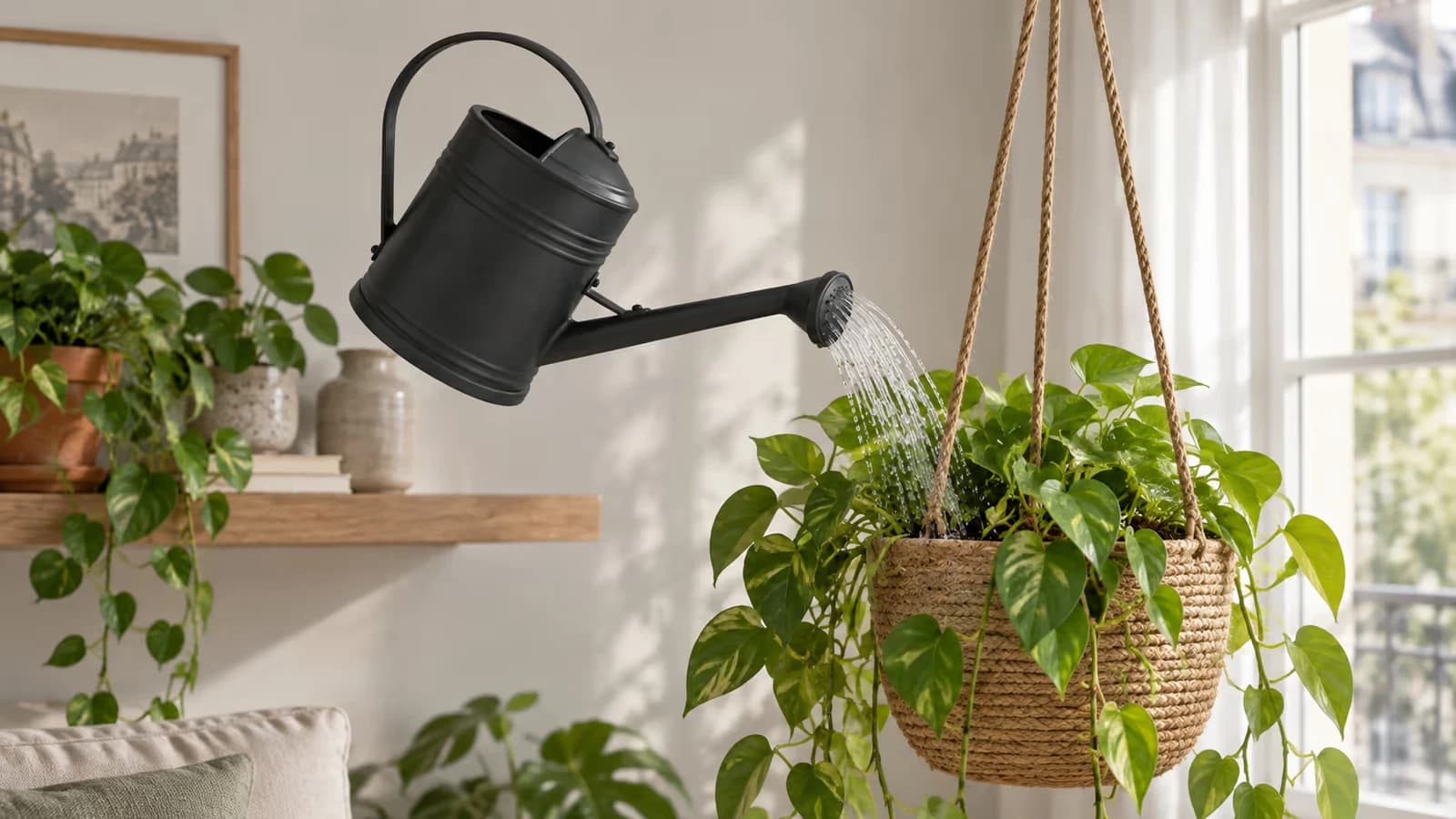 Arrosoir à bec long versant de l'eau dans un pot suspendu à l'intérieur d'un appartement