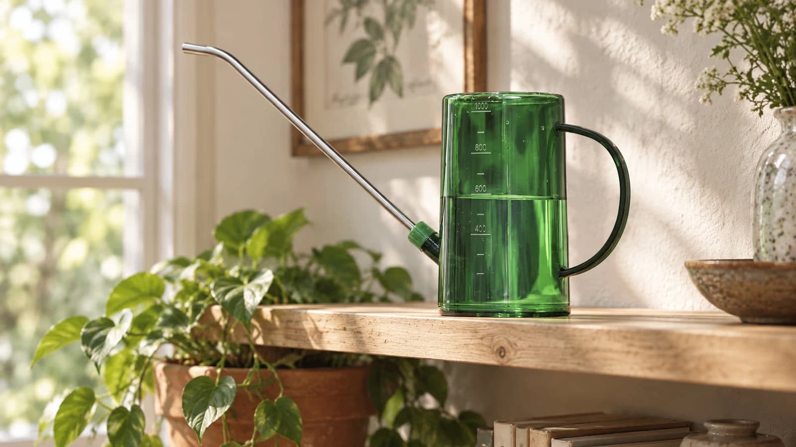Arrosoir vert translucide à bec inox posé sur une étagère, au-dessus d'un pot de plante d'intérieur, lumière douce du matin