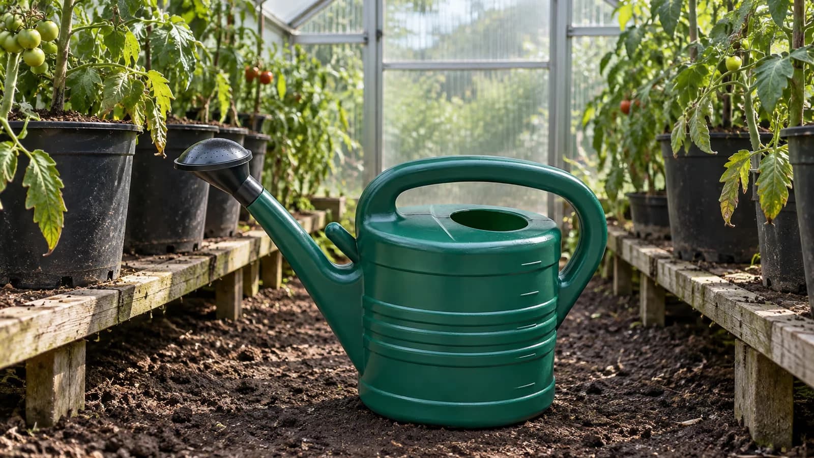 Arrosoir 5 L vert foncé posé au sol dans une serre, entre deux rangs de pots de tomates