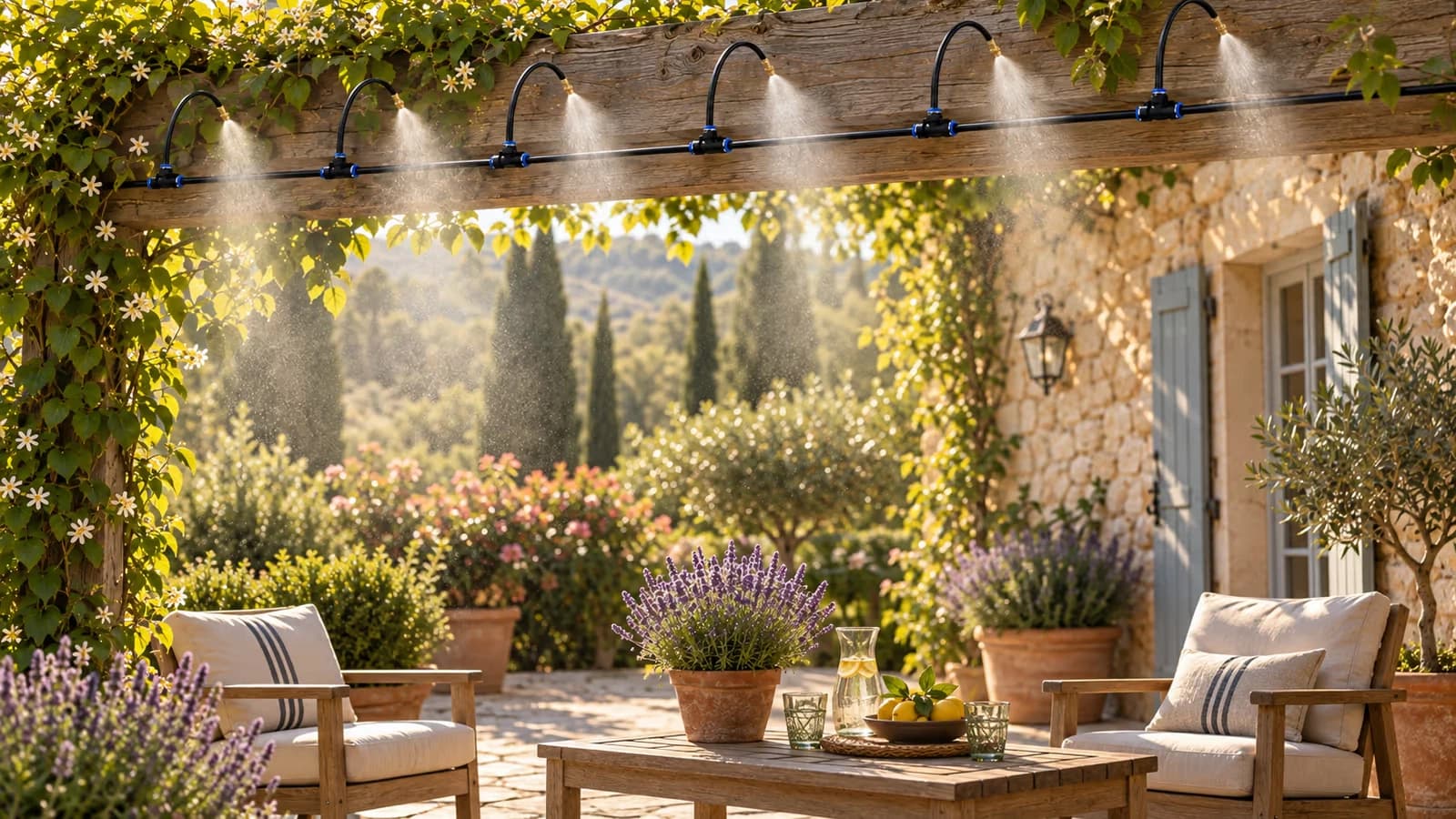 Ligne de brumisation fixée sous une pergola de terrasse, fine brume au-dessus d'un coin repas par un après-midi d'été
