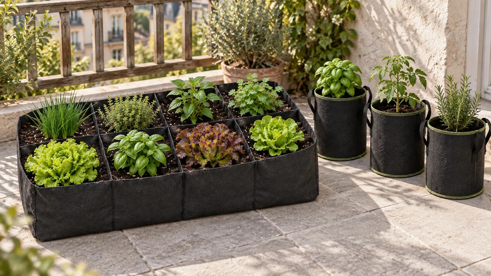 Bac potager en feutre noir à huit compartiments, trois pots en tissu alignés à côté sur une terrasse en fin de journée