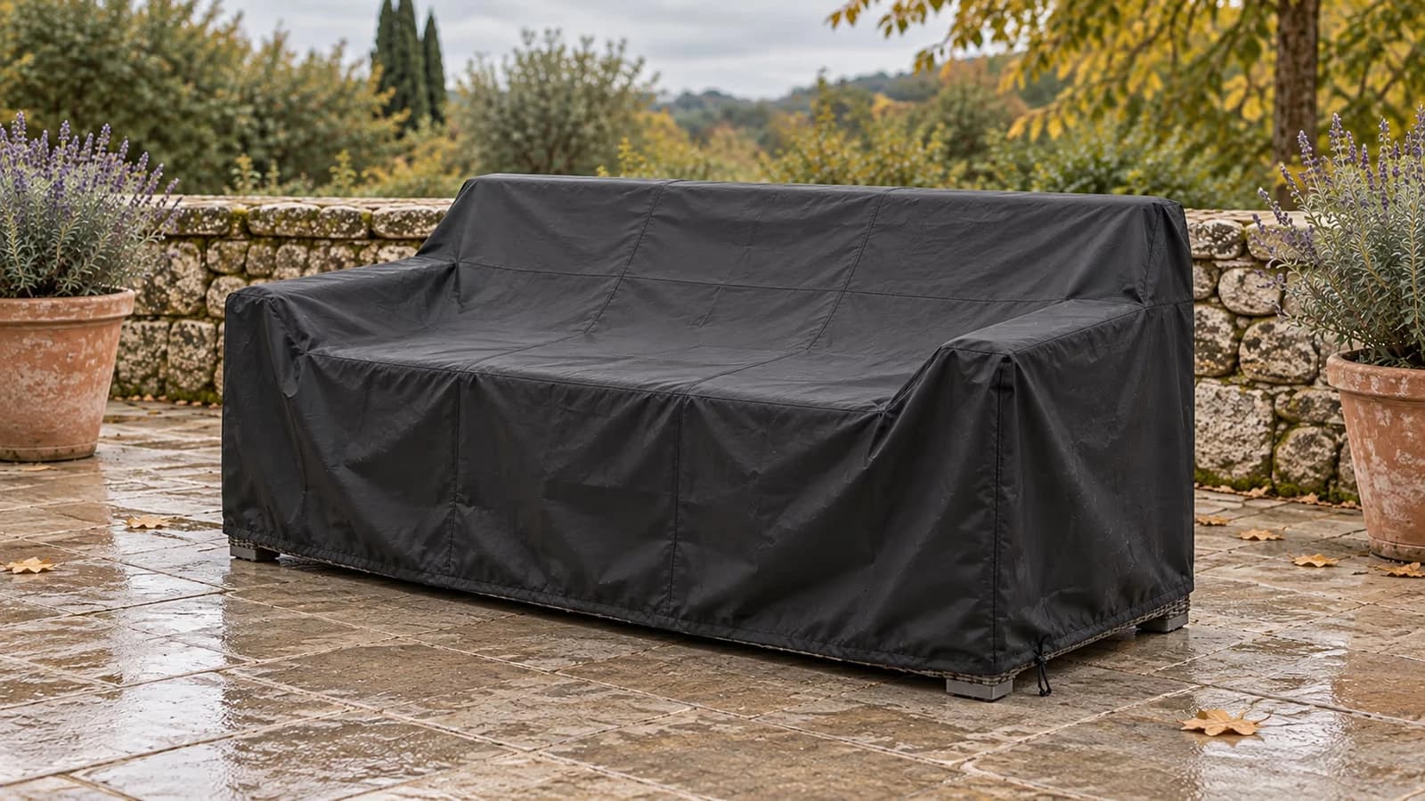Salon de jardin trois places couvert d'une housse noire à cordon, dossier et accoudoirs enveloppés, terrasse mouillée