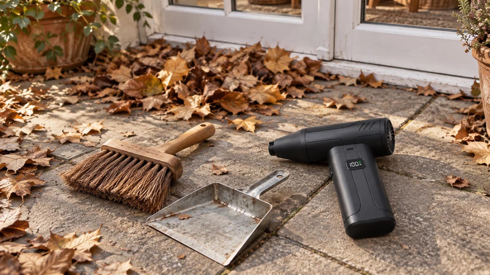 Balayette à poils durs et mini souffleur rechargeable noir posés côte à côte sur des dalles de balcon couvertes de feuilles mortes