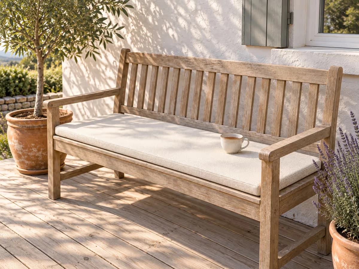 Banc en bois clair d'une terrasse ensoleillée garni d'une galette d'assise blanc cassé sur toute sa longueur, tasse de thé posée dessus