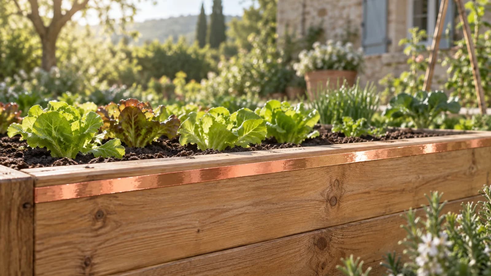 Ruban de cuivre brillant collé sur le rebord d'un bac potager en bois, jeunes salades protégées derrière la ligne de métal