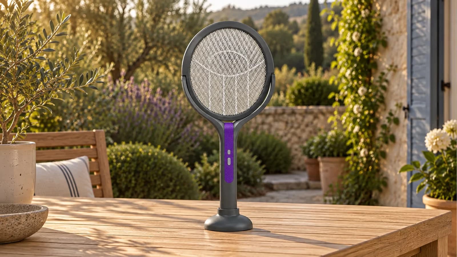 Raquette anti moustique rechargeable gris et violet debout sur son socle rond, port USB-C visible sur la poignée