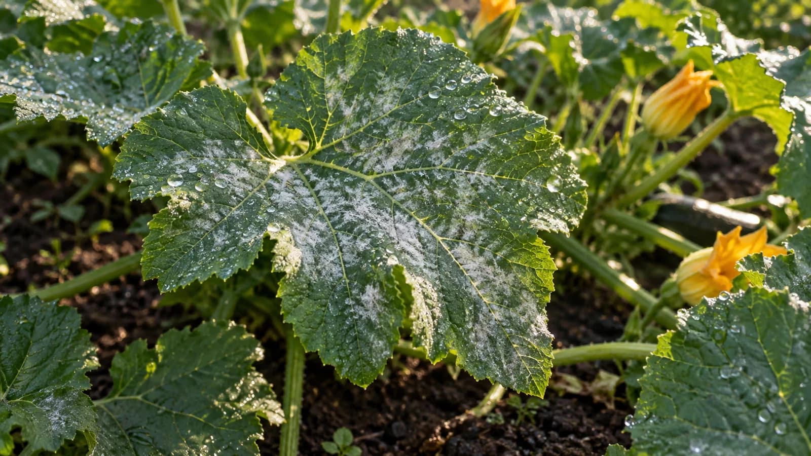 Feuille de courgette couverte de taches blanches poudreuses d'oïdium, bords encore verts, fines gouttes d'eau sur le feuillage au soleil du matin