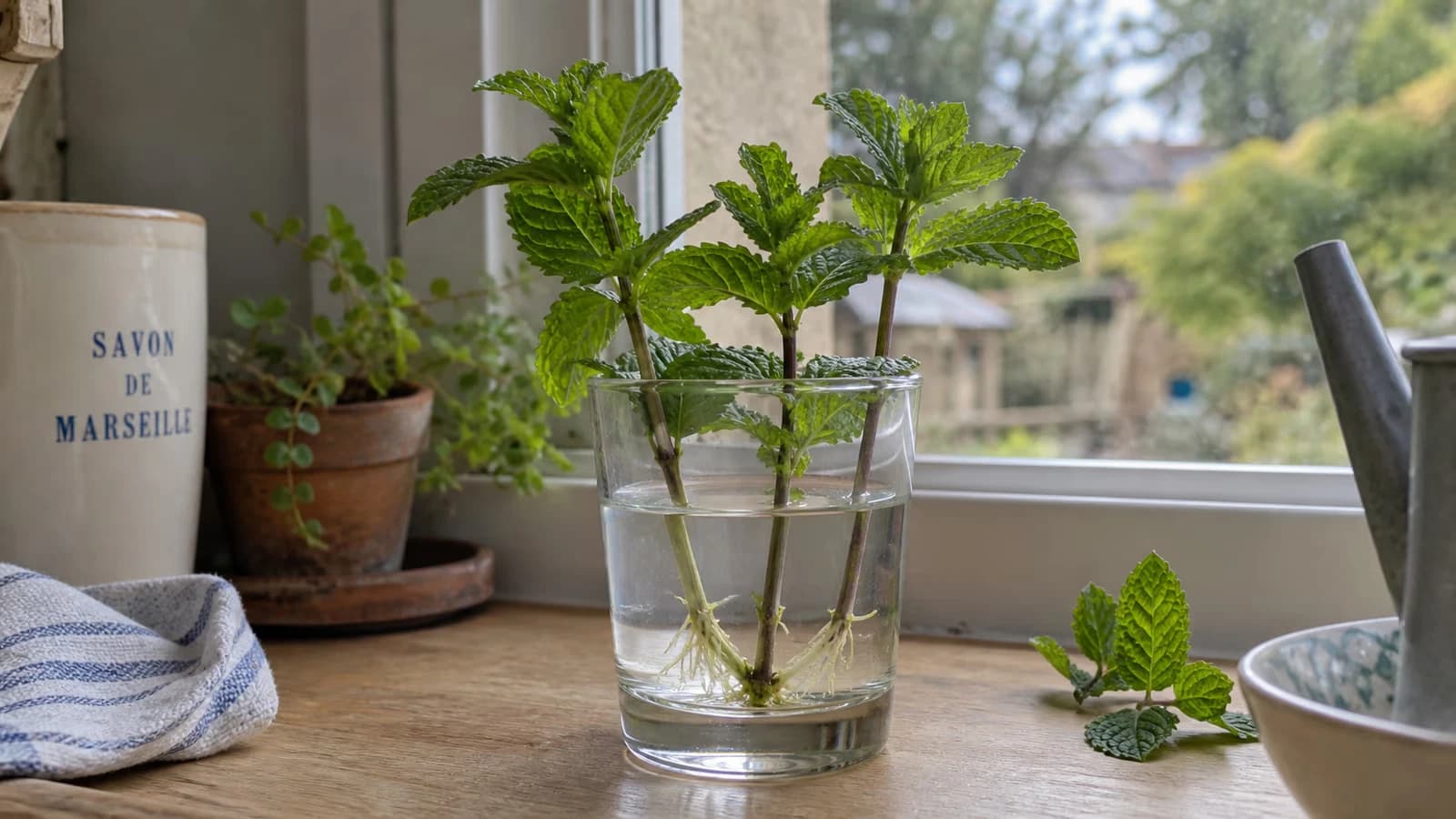 Trois tiges de menthe en bouturage dans un verre transparent posé devant une fenêtre, premières racines blanches visibles