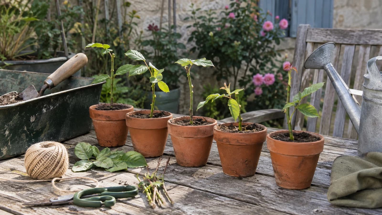 Boutures de rosier aoûtées de 15 cm alignées dans des godets en terre cuite sur table de jardin, fin août en France