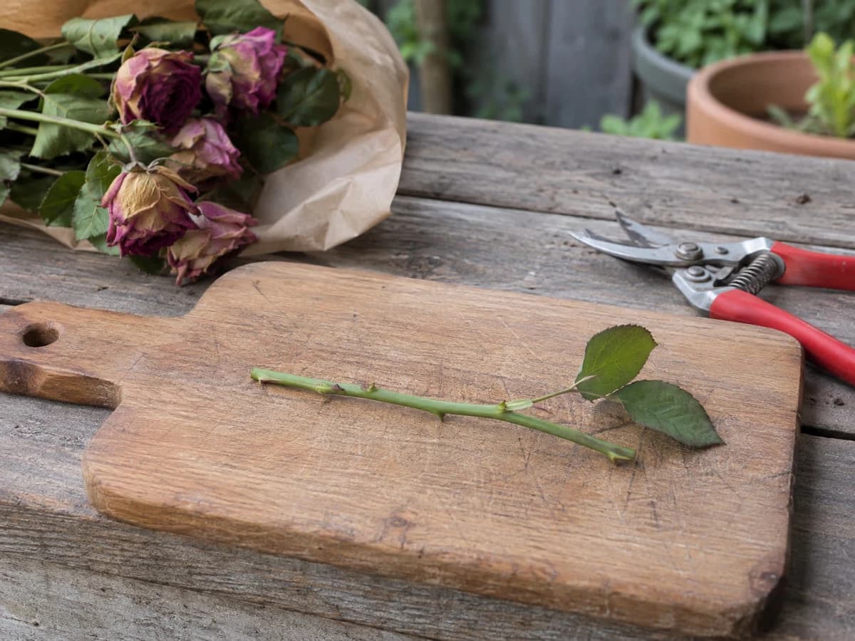 Tige de rose fanée prélevée d'un bouquet, coupée à 15 cm avec 2 feuilles au sommet, posée sur planche à découper en bois
