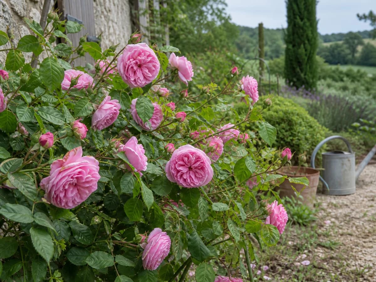Rosier ancien Bourbon en pleine floraison de juin, fleurs roses doubles parfumées dans un jardin de campagne français
