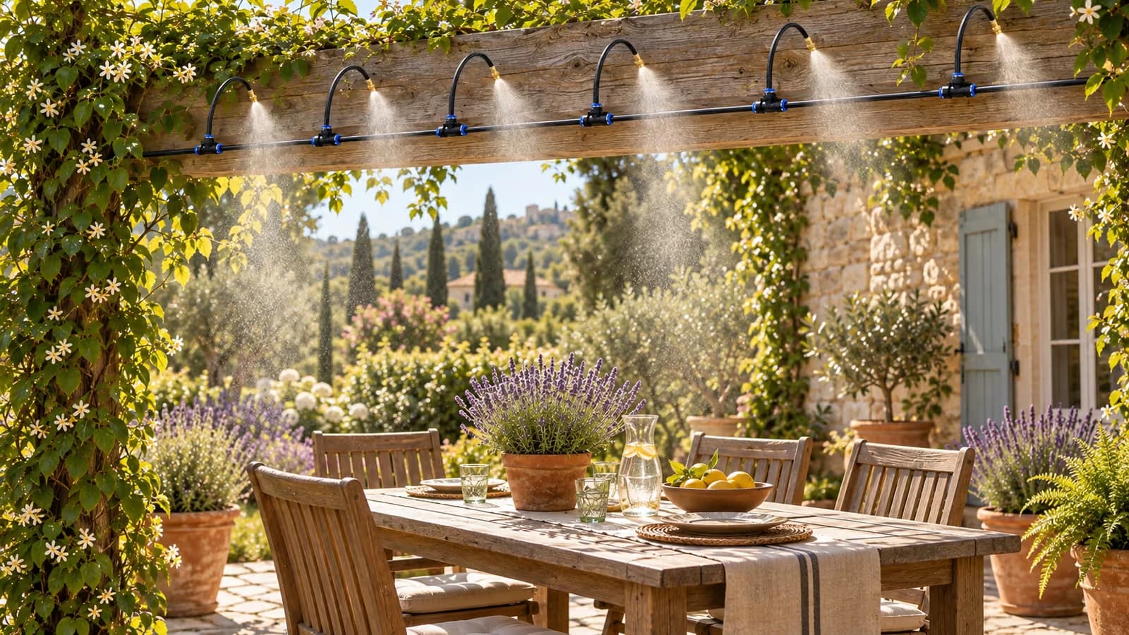 Ligne de brumisation basse pression fixée sous une pergola au-dessus d'un salon de jardin en plein après-midi d'été