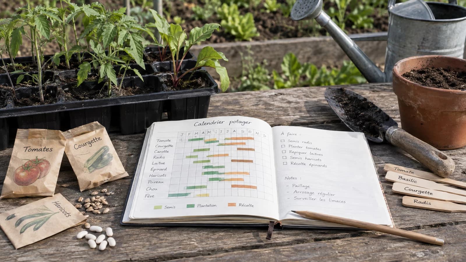 Carnet de jardinier ouvert sur un calendrier potager annuel, graines, étiquettes bois et jeunes plants en godets