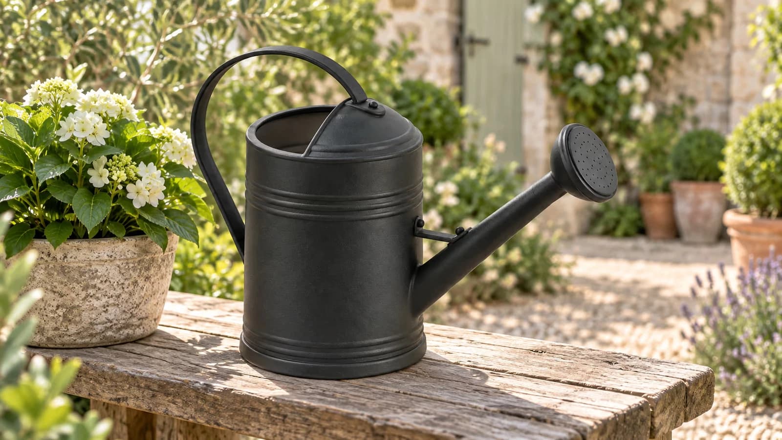 Arrosoir noir à long bec incliné au-dessus d'un pot de fougère posé sur une haute étagère en bois clair, lumière de fin d'après-midi