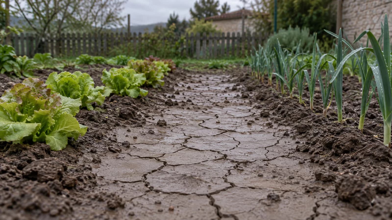 Surface de terre battue et fissurée entre deux rangs de légumes dans un potager après la pluie