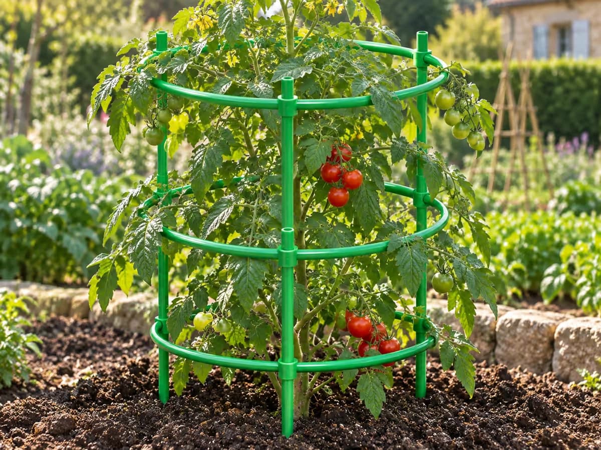 Trois anneaux verts empilés autour d'un pied de tomate en pleine croissance, feuillage débordant du dernier étage