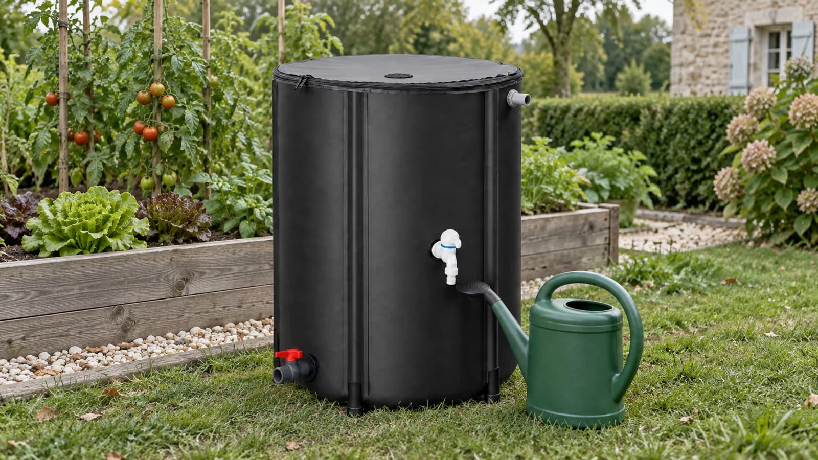 Contenant souple noir de 100 litres monté au pied d'un potager, robinet de puisage blanc au-dessus d'un arrosoir