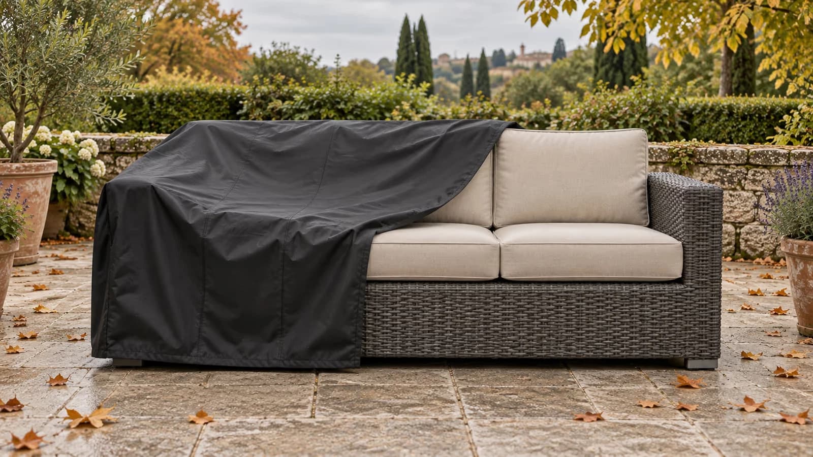 Salon de jardin trois places en résine tressée recouvert d'une housse noire, sur une terrasse à l'automne