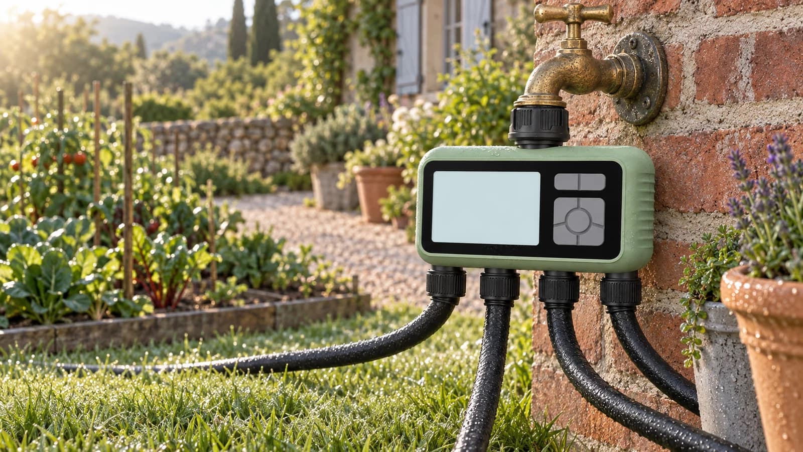 Programmateur d'arrosage à quatre sorties vissé sur un robinet extérieur, quatre tuyaux partant vers un potager et des jardinières, lumière du matin