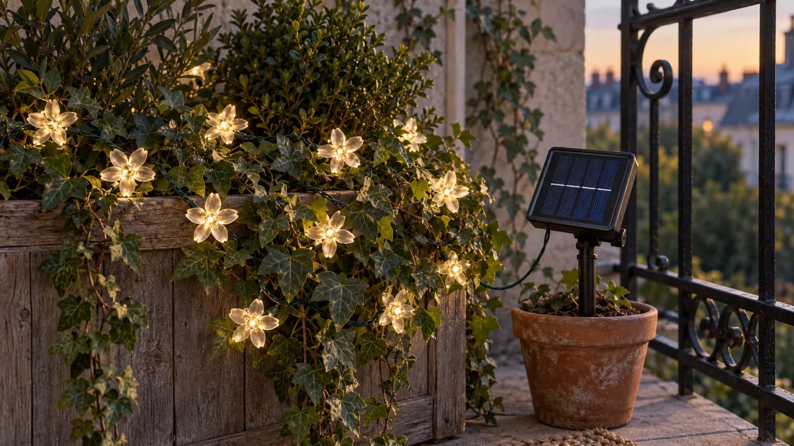 Balcon fleur avec guirlande solaire enroulée autour d'une jardinière, allumée en fin d'après-midi