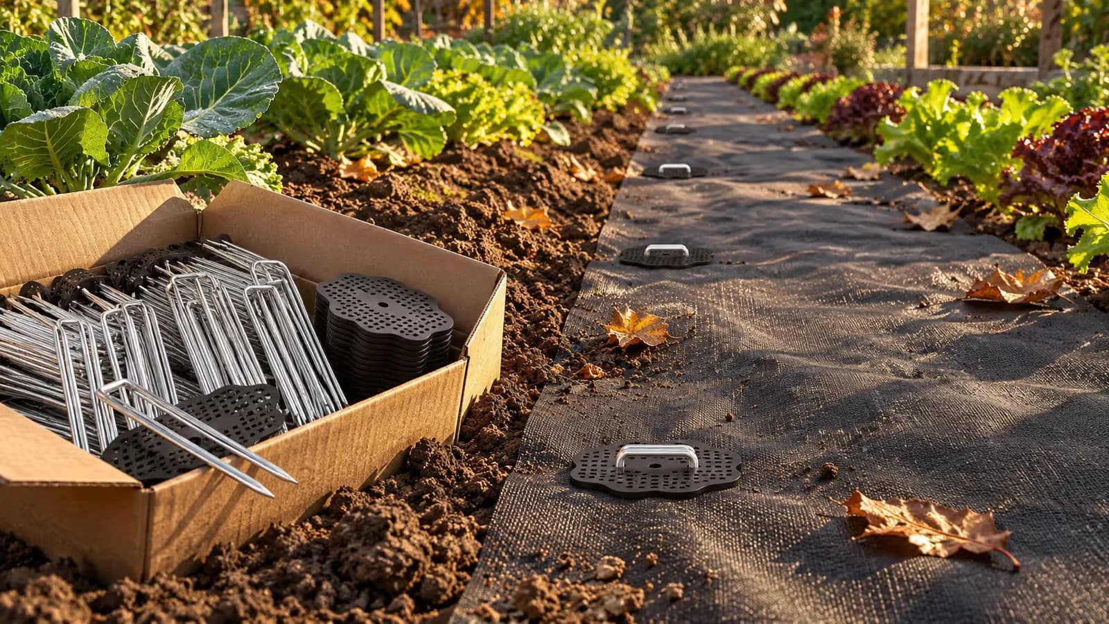 Chantier de pose d'une toile de paillage noire déroulée sur un rang de terre nue, carton de crampons ouvert et premiers points fixés au premier plan