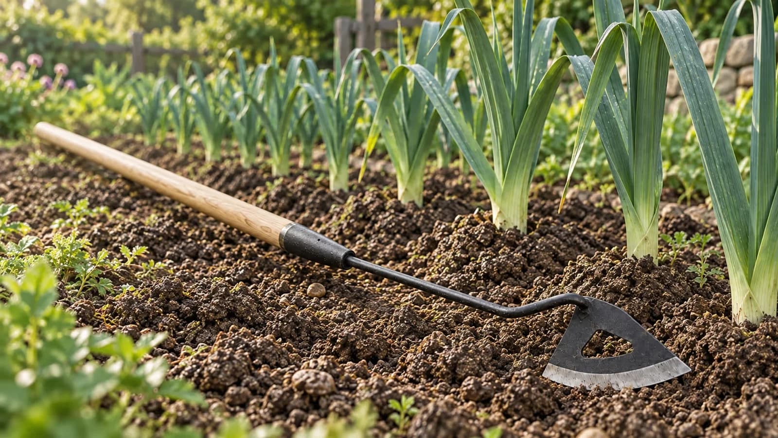 Tête de binette à lame creuse montée sur un manche en bois, posée en travers d'un rang de poireaux buttés dans un potager au printemps