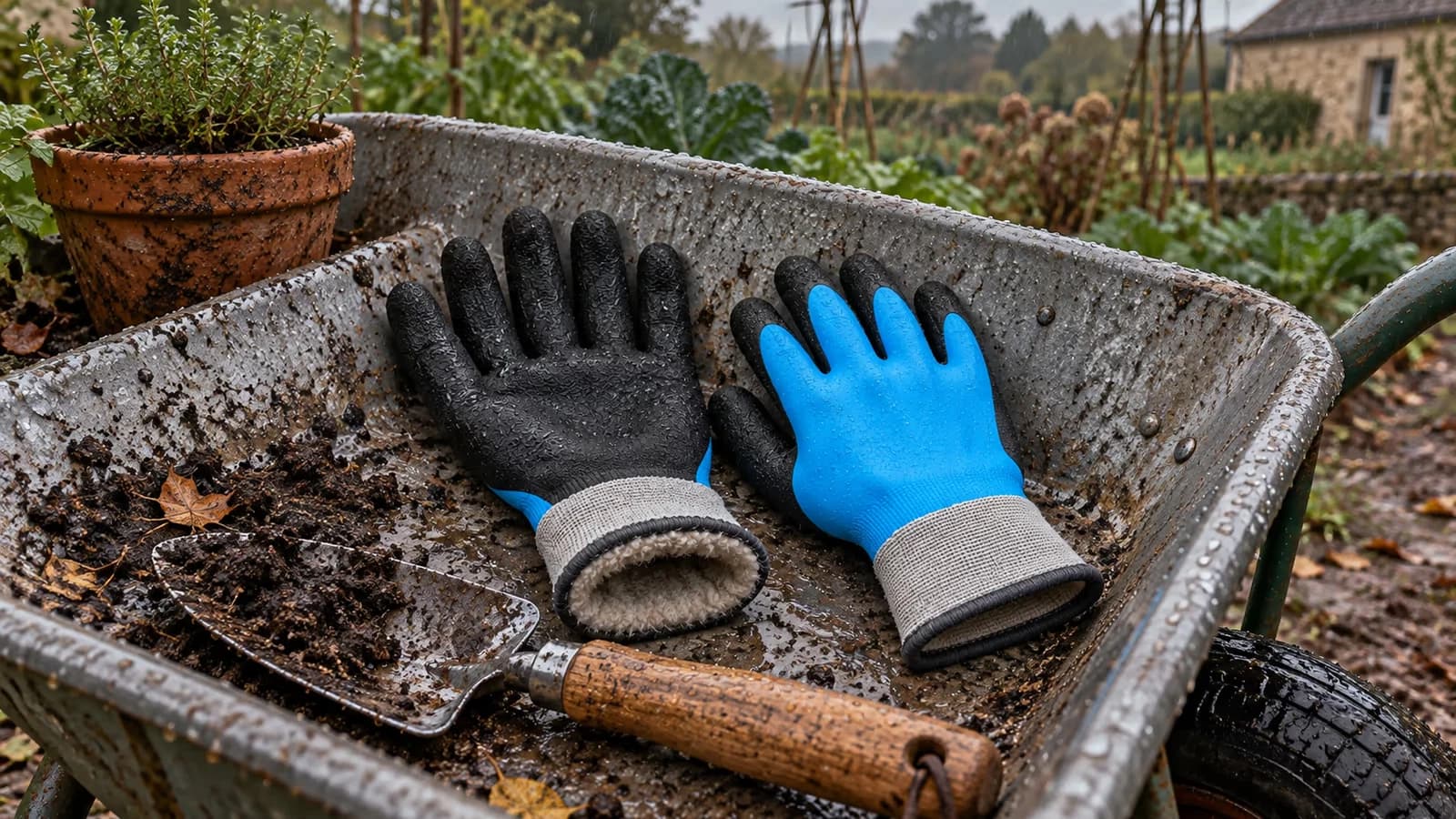 Paire de gants de jardin bleu nuit posée sur une brouette mouillée, transplantoir à manche de bois en travers devant, gouttes d'eau sur la toile, lumière grise d'octobre