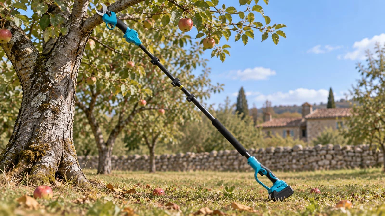 Perche de taille tendue vers une branche haute de pommier par un matin clair, vue depuis le sol