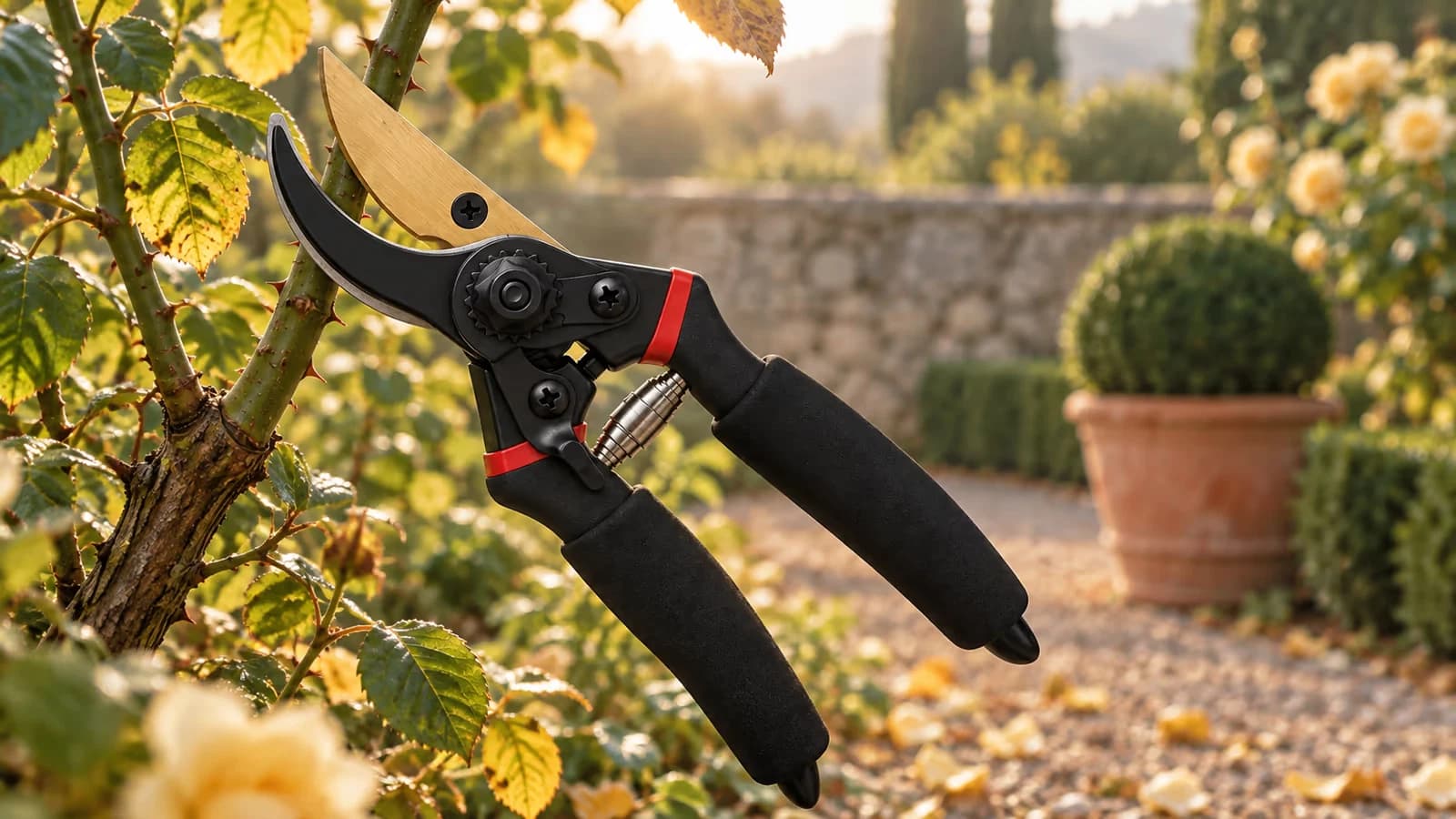 Sécateur bypass à lame dorée ouvert au-dessus d'un rameau de rosier, dans un jardin au petit matin