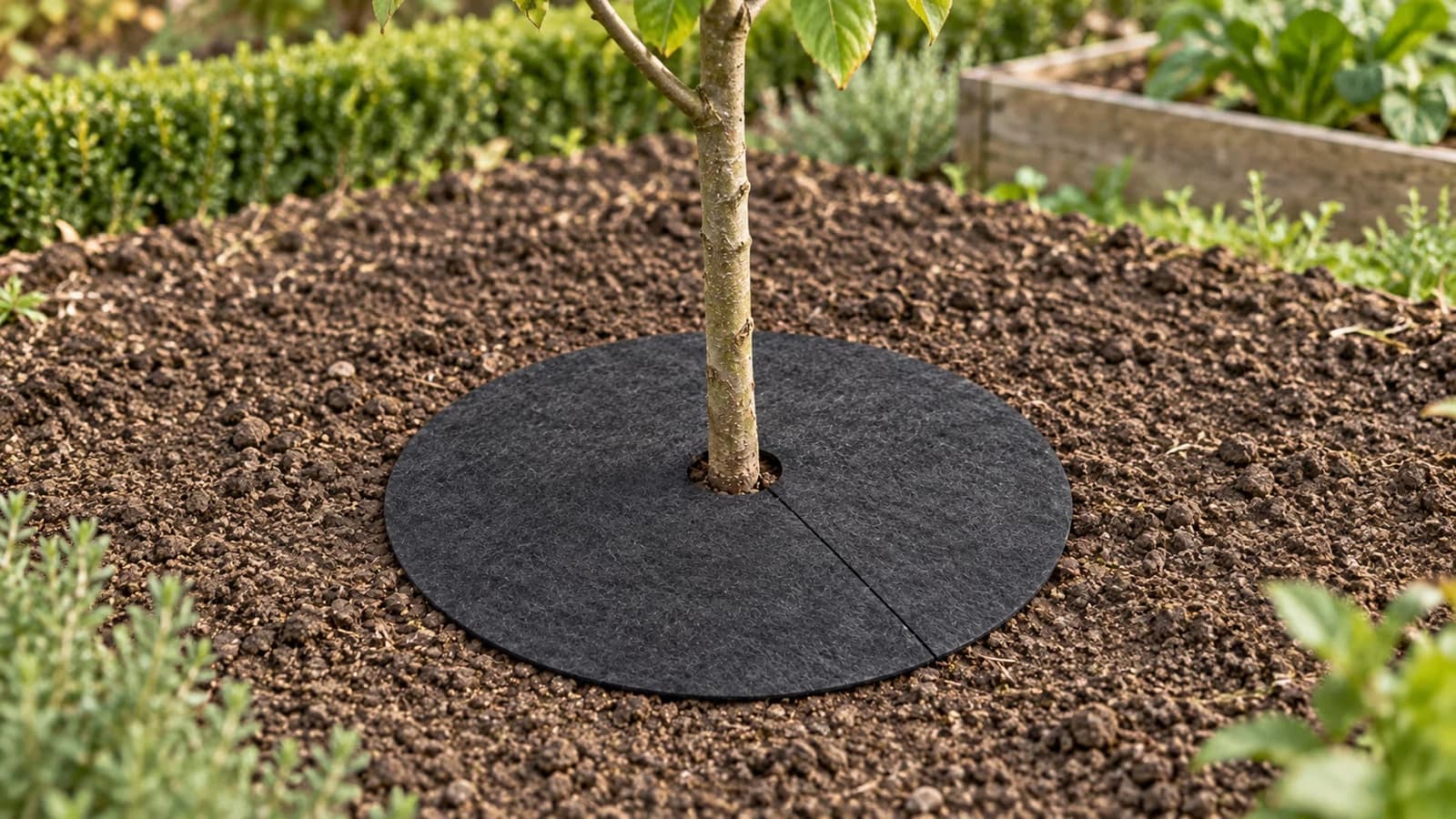 Disque de paillage noir fendu, posé à plat autour du tronc d'un jeune arbre sur une terre ratissée