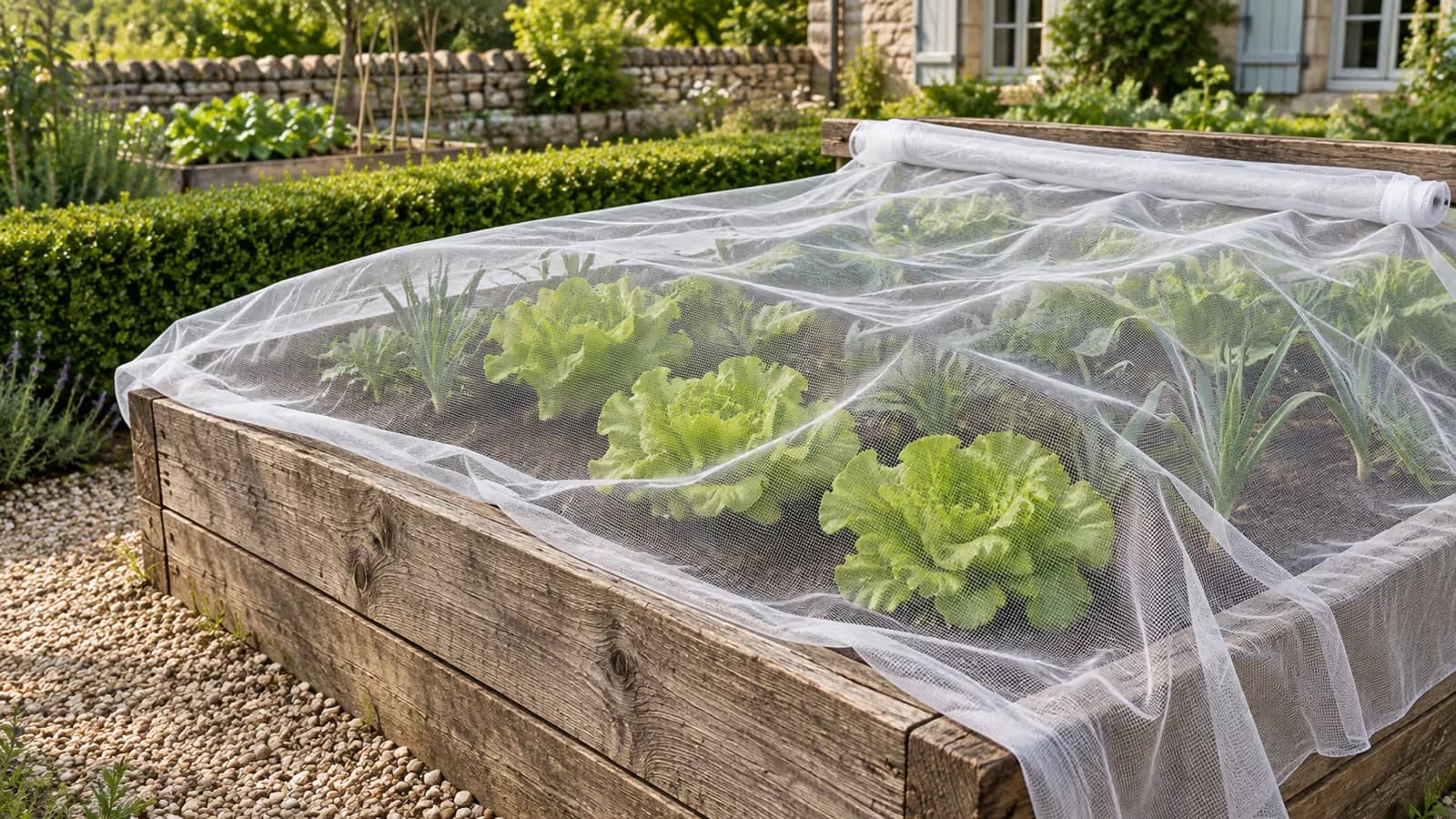 Rouleau de filet blanc à maille fine déroulé sur un carré potager, bords retombant sur les côtés en bois, lumière de fin de matinée