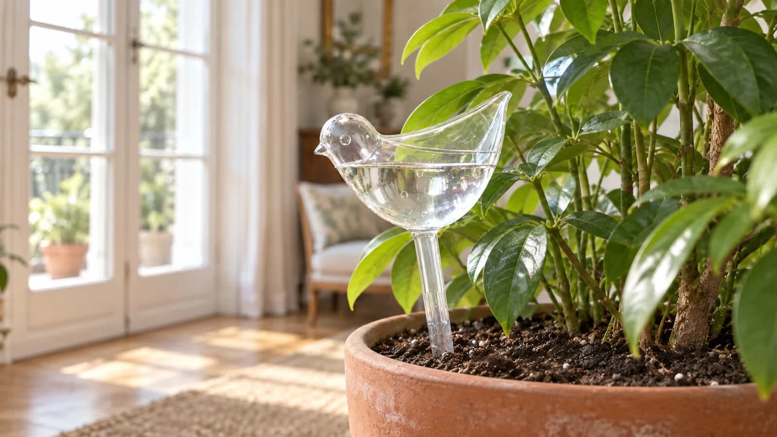 Globe d'arrosage en plastique transparent planté dans le terreau d'un pot de plante verte près d'une fenêtre