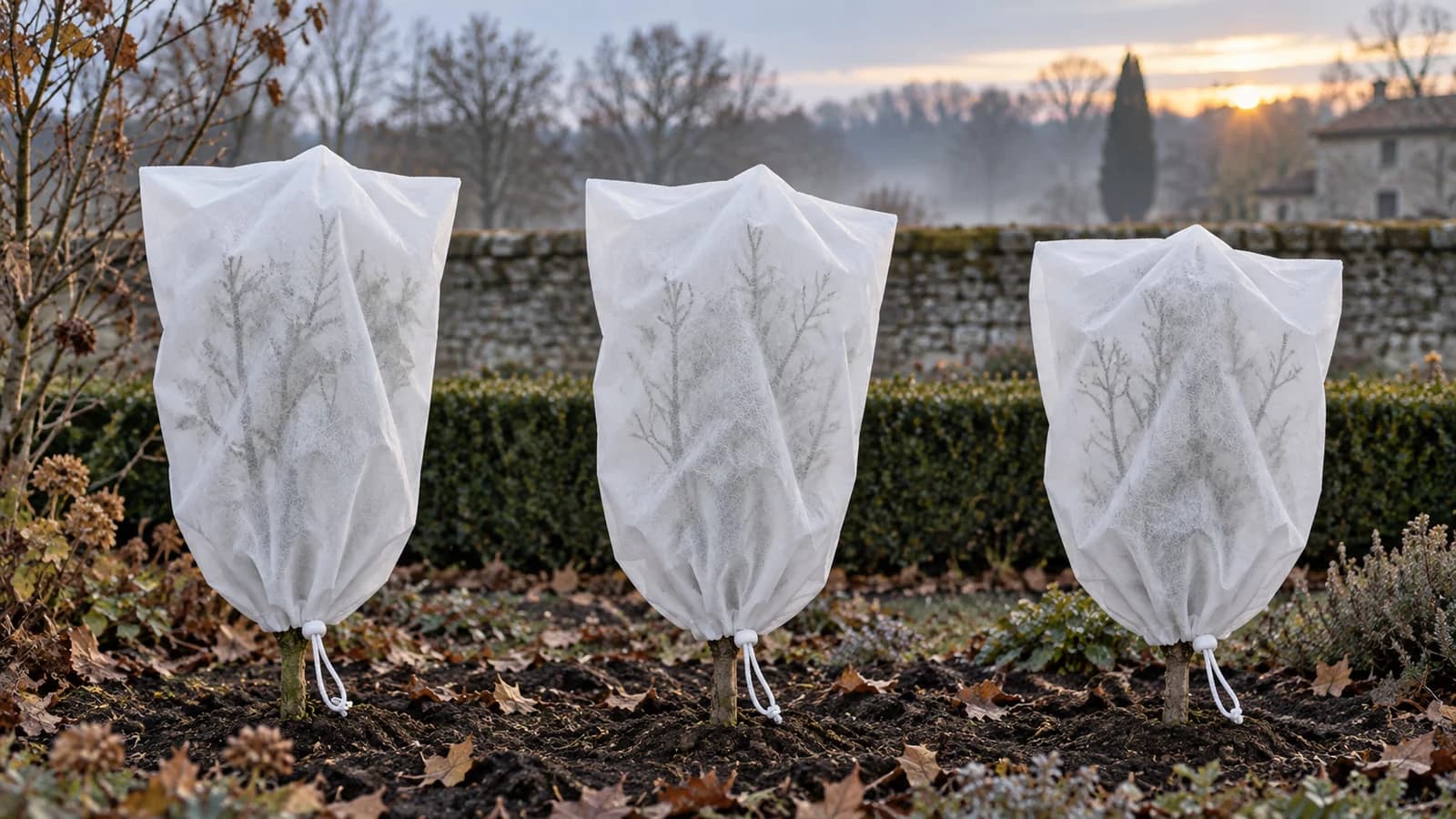 Trois housses d'hivernage blanches enfilées sur trois sujets d'un massif, un soir de novembre