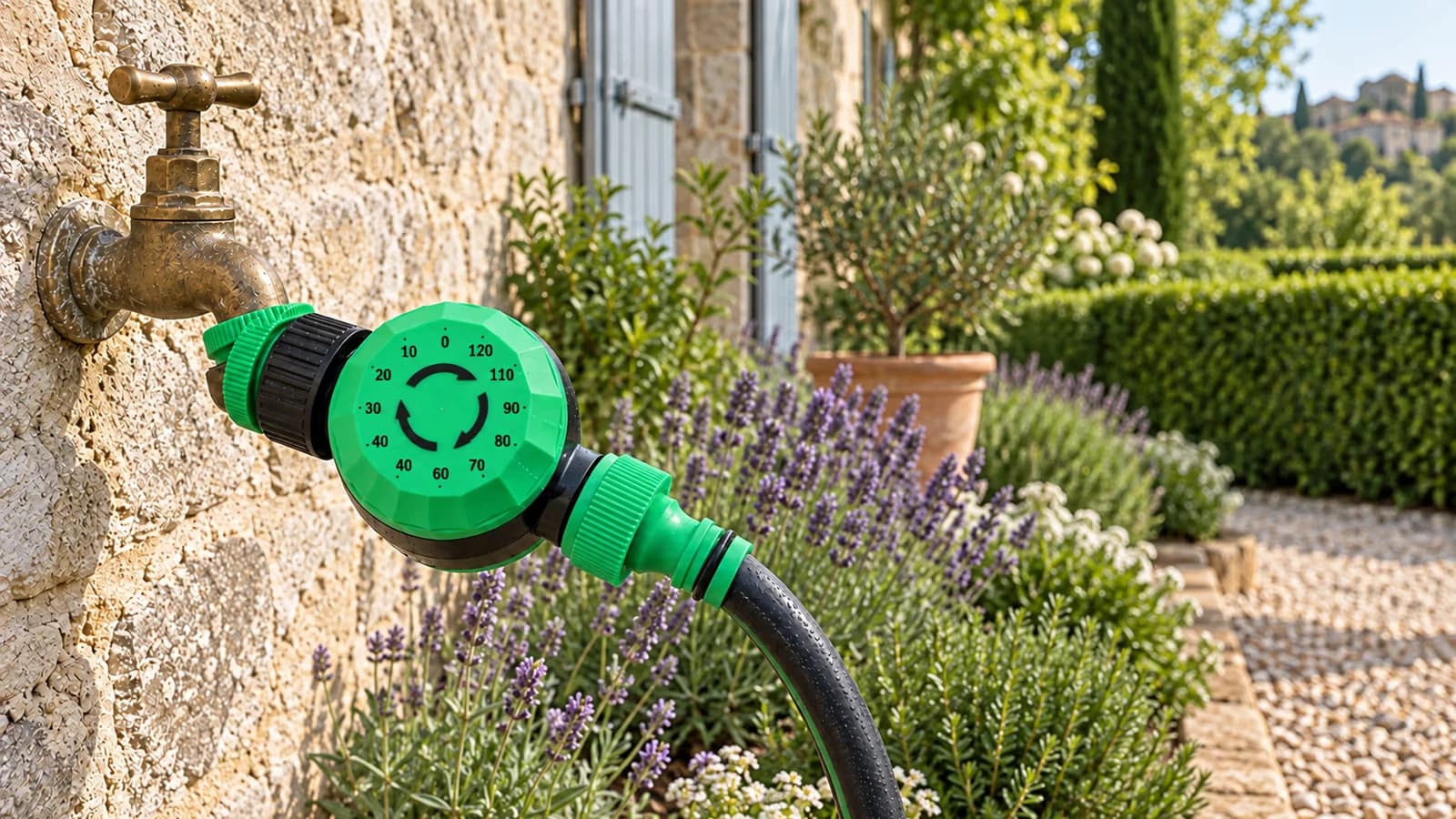 Minuteur d'arrosage mécanique à molette verte vissé sur un robinet de jardin, tuyau branché, au pied d'un massif