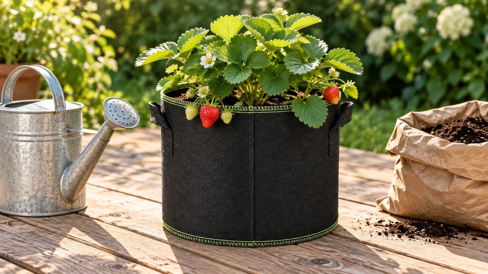 Pot en tissu noir de 25 cm posé sur une terrasse en bois, fraisier en place, arrosoir et sac de terreau à côté, lumière du matin
