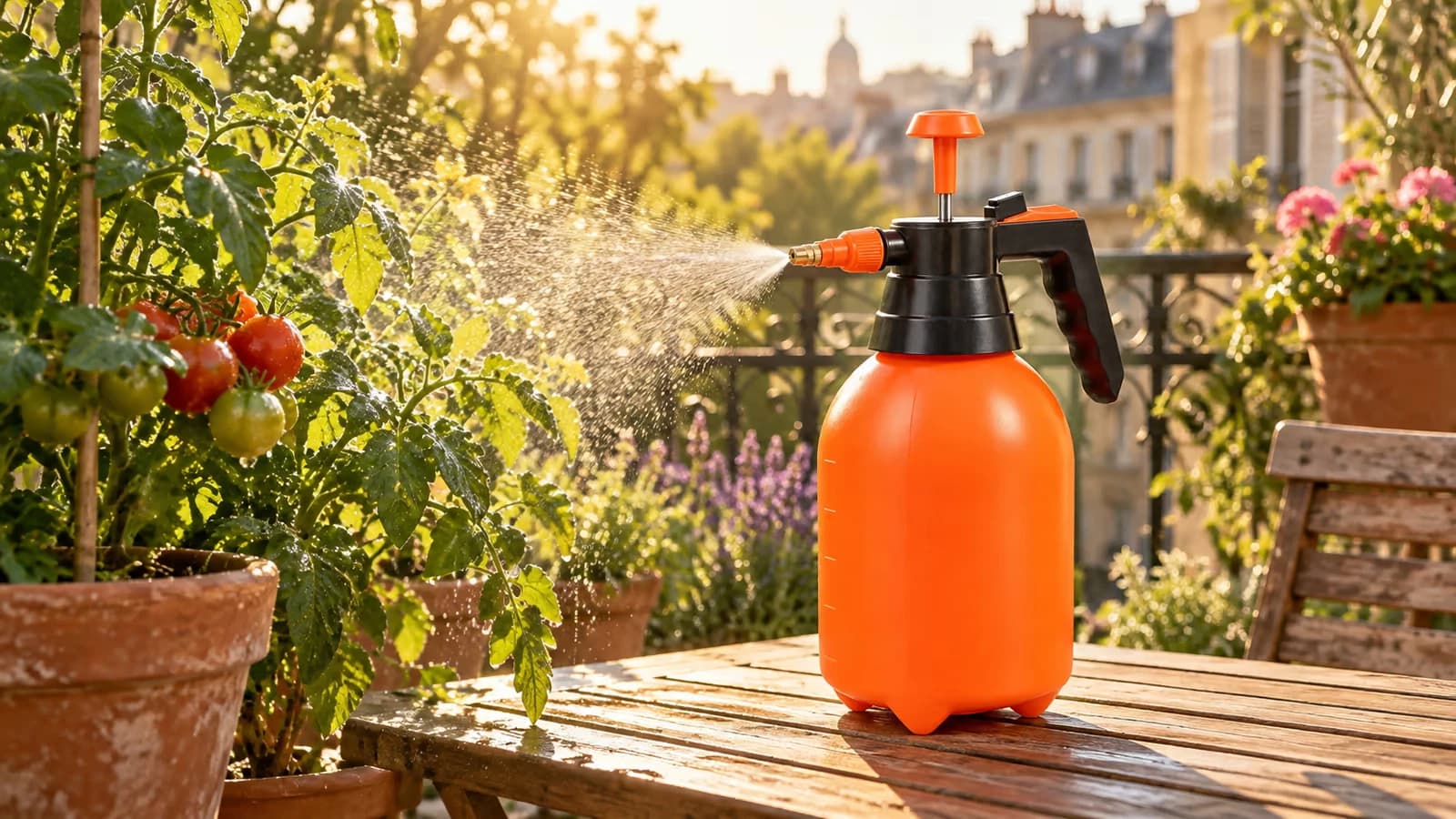 Pulvérisateur orange de 2 L à pression préalable posé sur une table de balcon, brume fine au-dessus de plants de tomates en pot