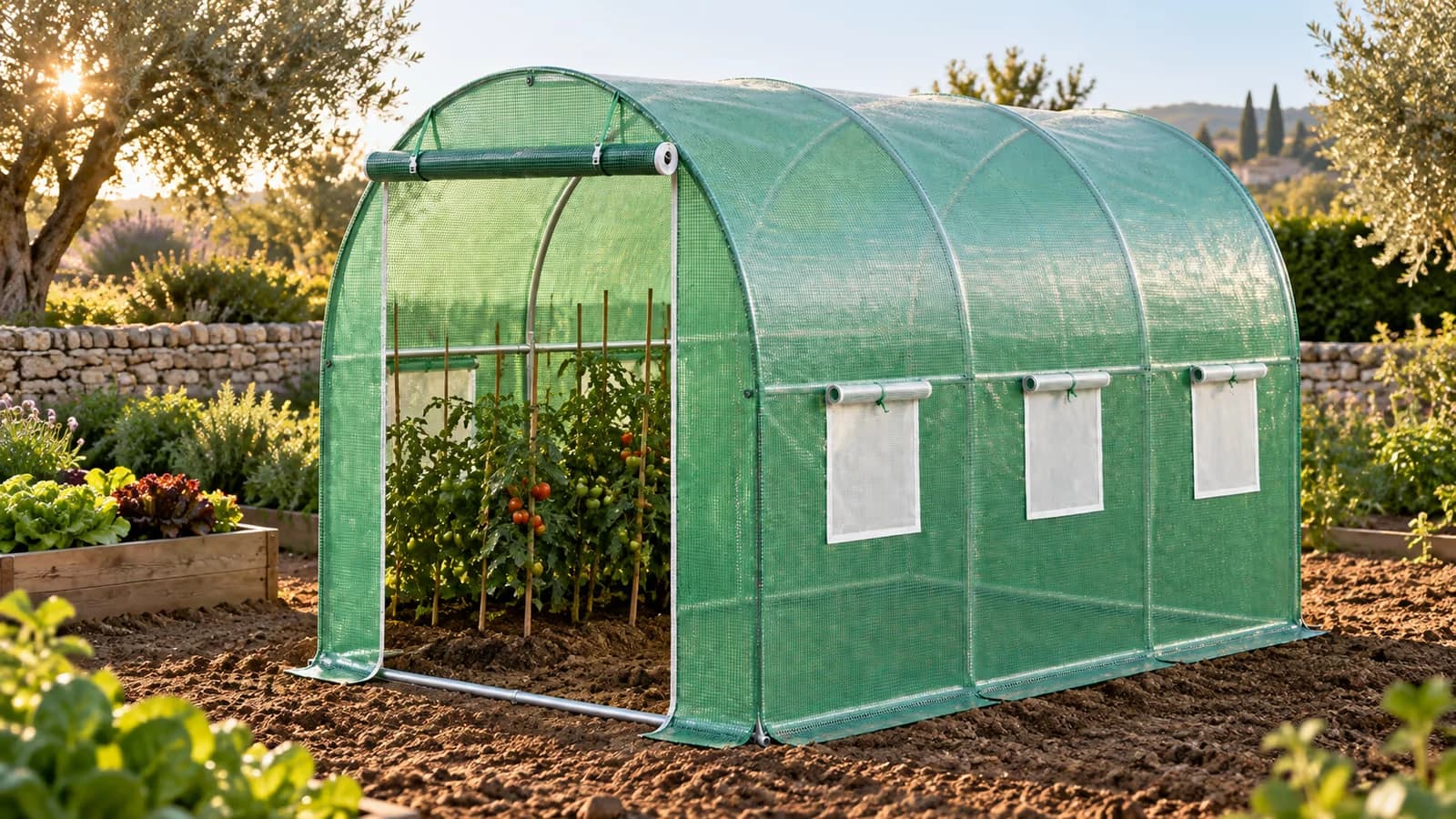 Serre tunnel de jardin à bâche verte dans un potager, porte enroulée ouverte, lumière rasante du matin
