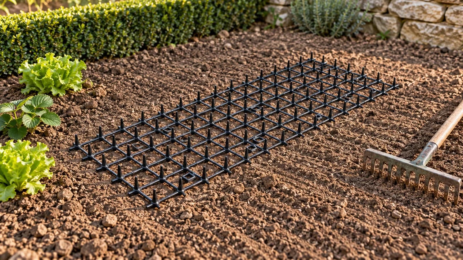 Bande noire à picots déroulée à plat sur la terre ratissée d'un massif, quelques jeunes plants en bordure et râteau posé sur le côté
