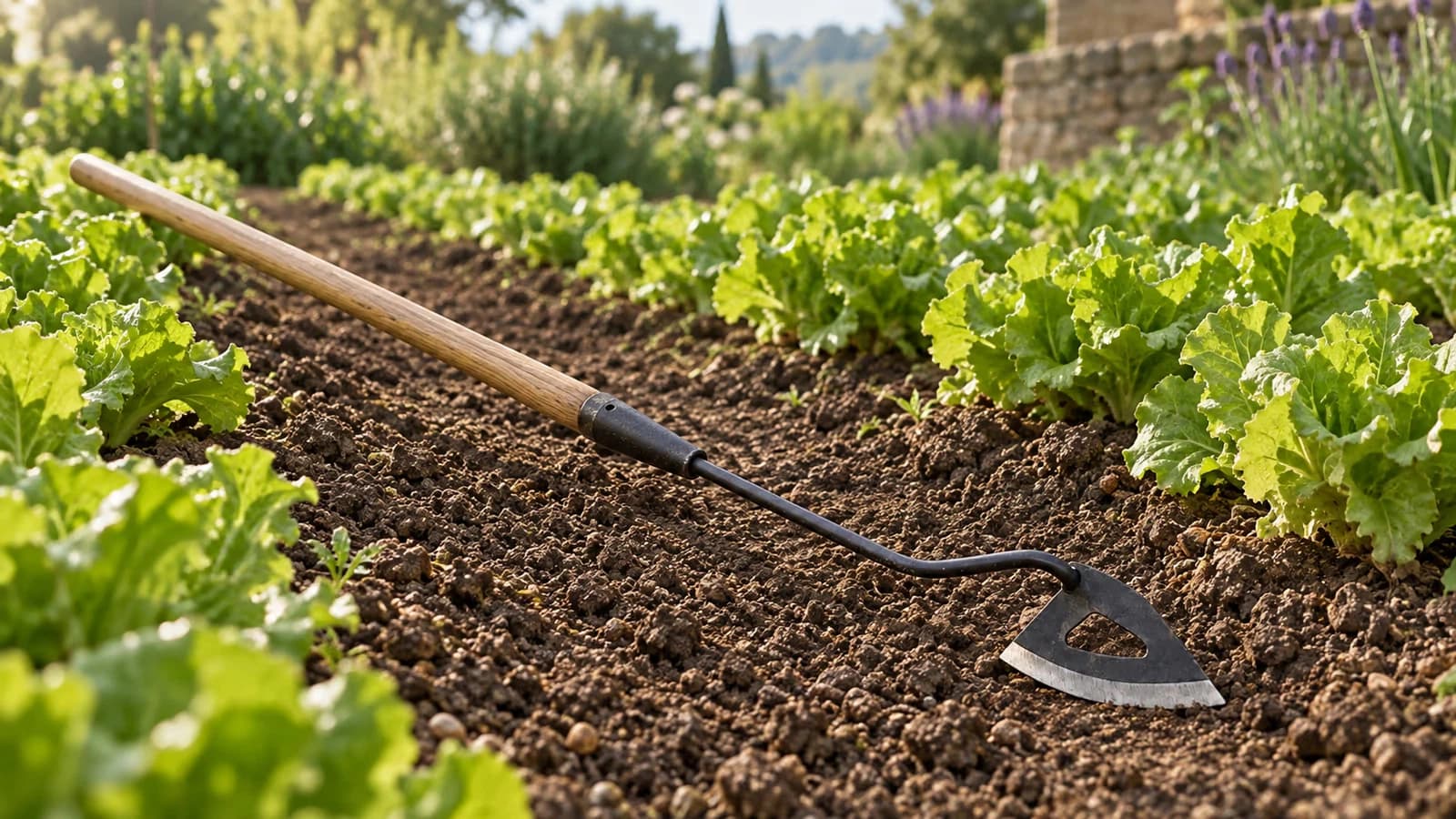 Binette à lame triangulaire creuse appuyée à plat dans l'inter-rang terreux d'un potager en été