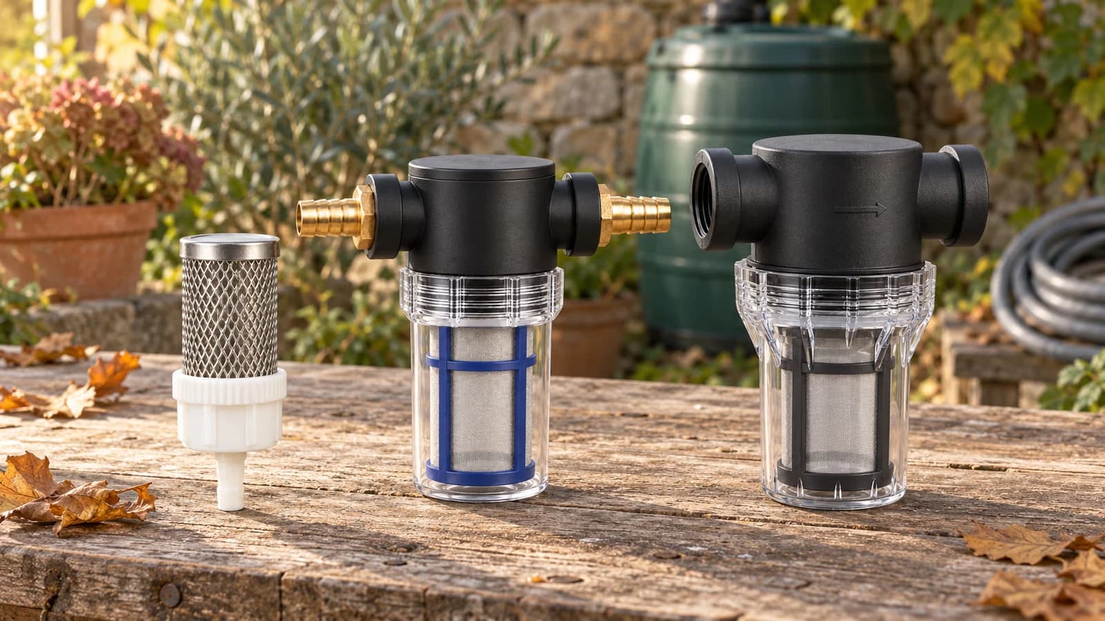 Trois filtres d'arrosage posés côte à côte sur un établi : crépine inox à queue cannelée, filtre 1/2 pouce à bocal transparent et préfiltre 3/4 à corps noir