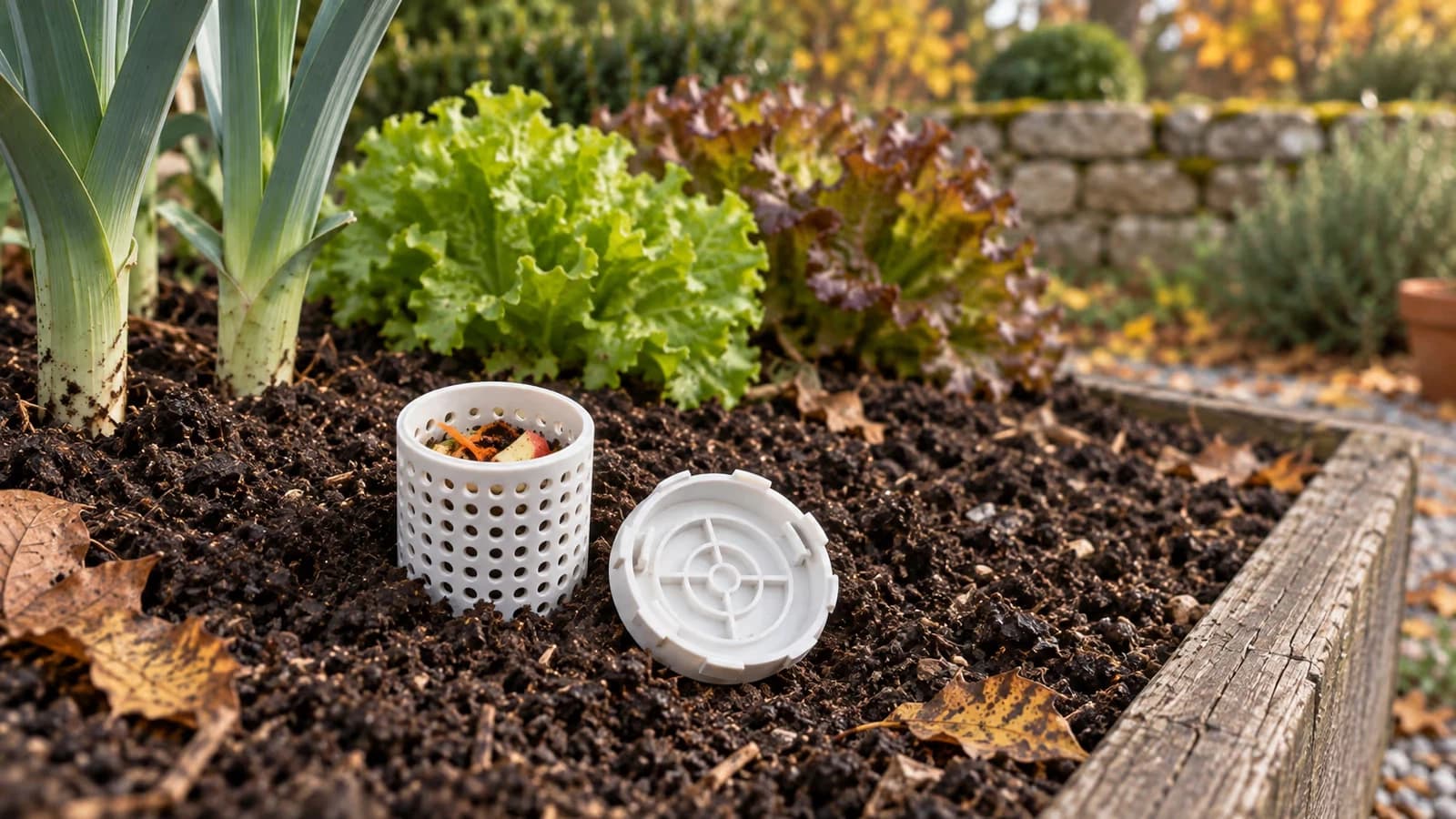 Lombricomposteur extérieur enterré au pied d'une planche de potager, couvercle ouvert sur des déchets organiques frais