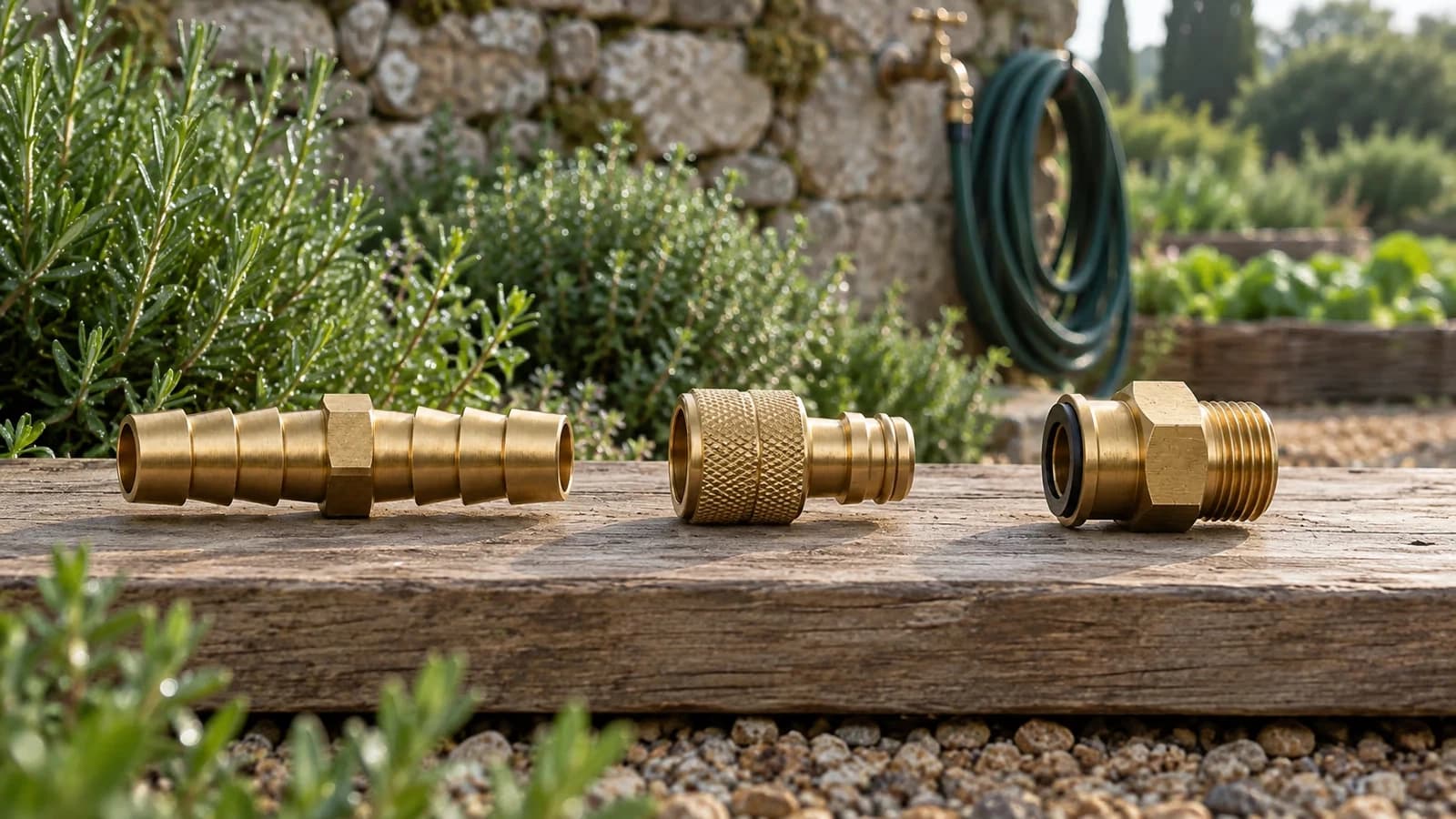 Trois types de raccords de jonction pour tuyau d'arrosage posés sur une planche en bois près d'un point d'eau