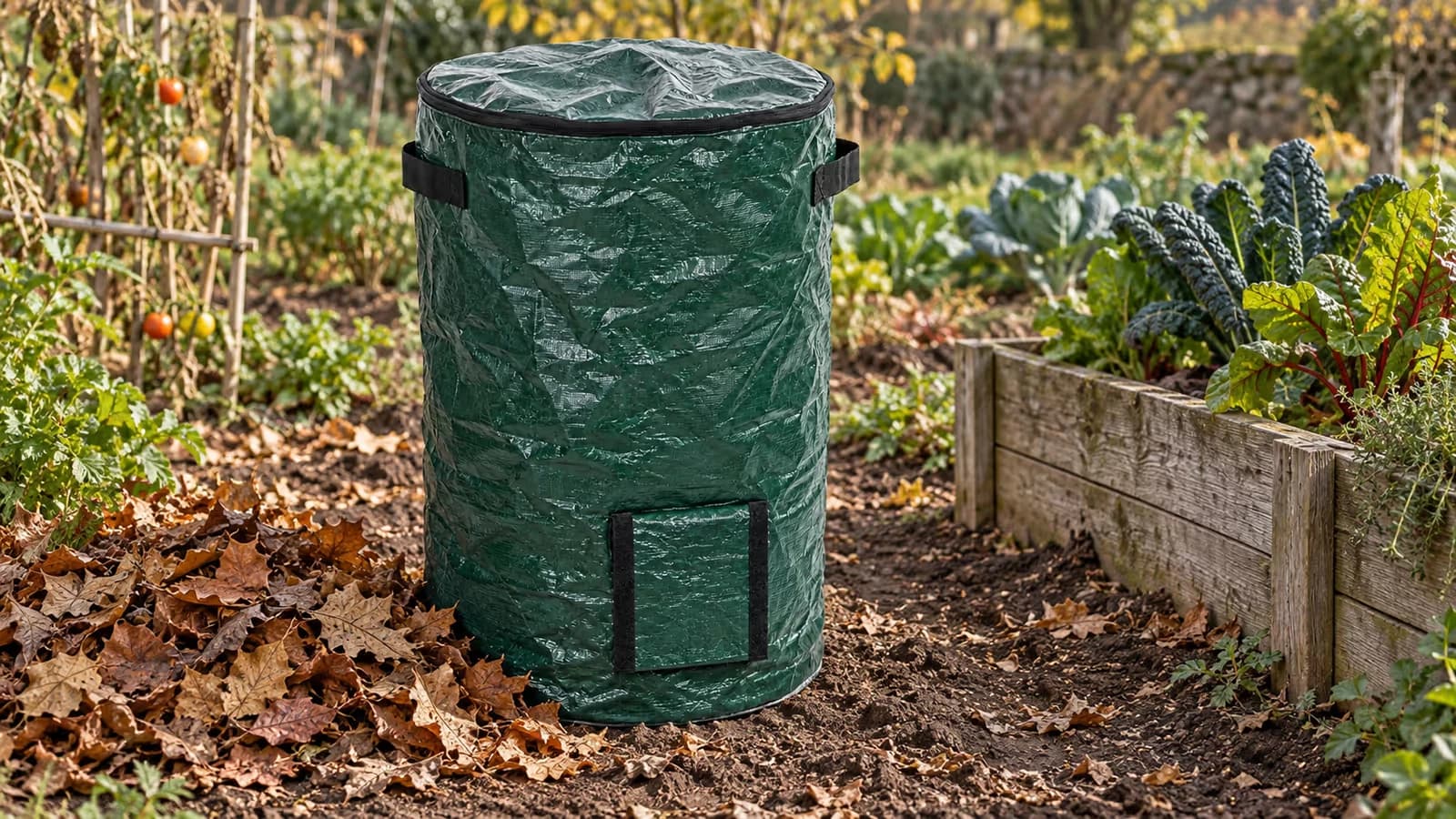 Composteur pliable vert foncé posé sur une terre nue de potager, couvercle à glissière fermé, tas de feuilles mortes au pied