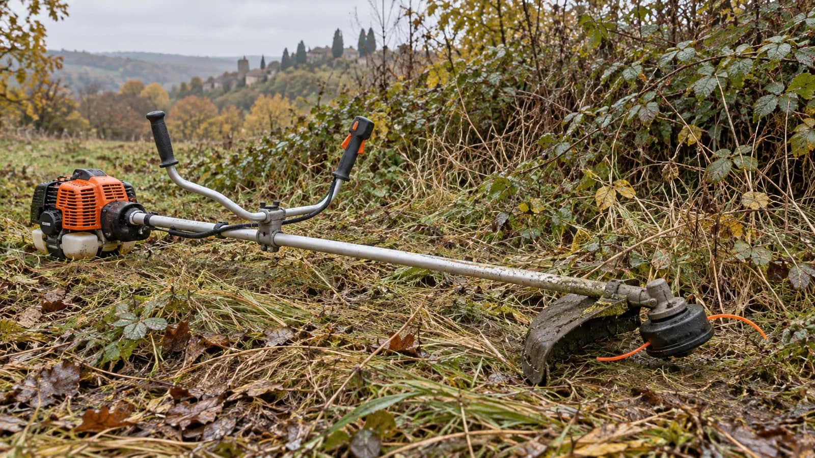 Débroussailleuse thermique posée au sol en lisière d'une friche d'automne, tête de coupe au repos, herbes couchées par la pluie autour d'elle