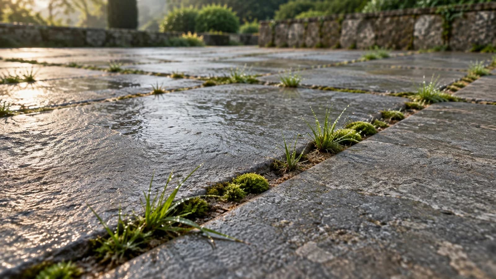 Terrasse en dalles grises au petit matin, touffes d'herbe et mousse installées dans les joints de sable, sans personne