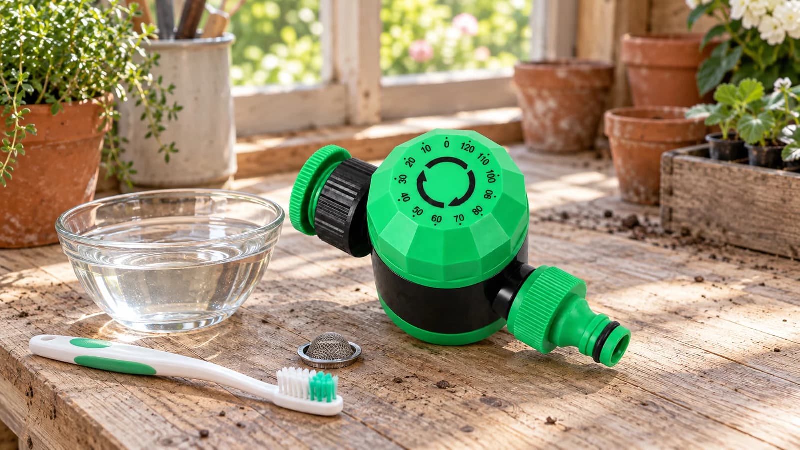 Minuteur d'arrosage mécanique dévissé de son robinet, posé à côté d'une bassine de liquide transparent, sur un plan de travail lumineux