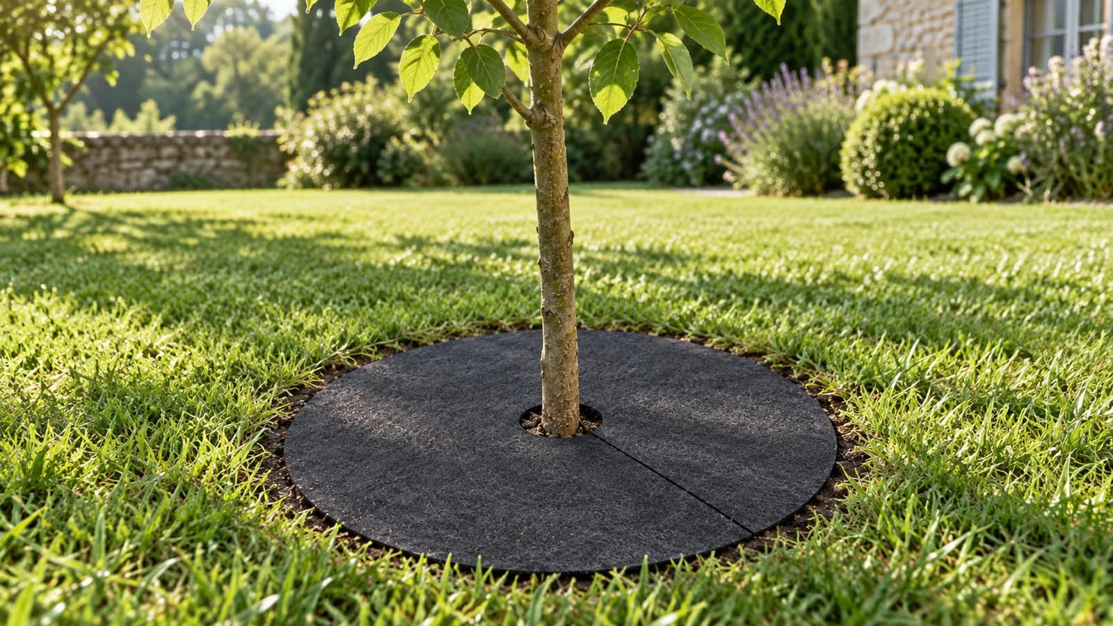 Disque de paillage noir posé au pied d'un jeune arbre isolé dans une pelouse