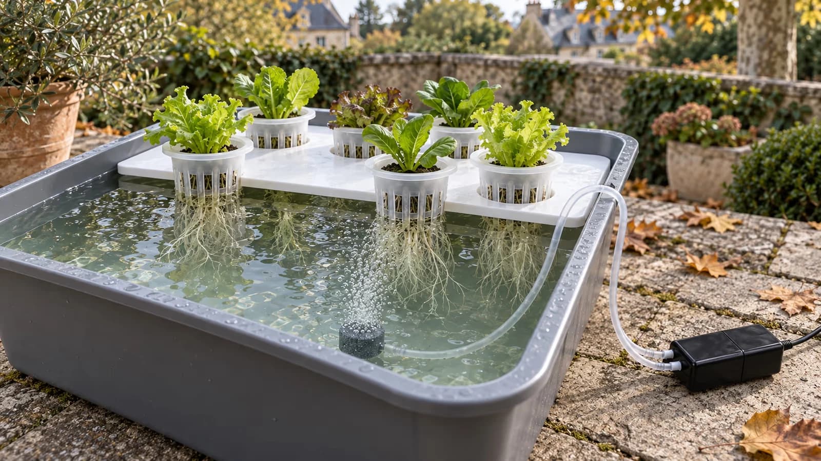 Réserve de culture hydroponique ouverte, solution teintée de vert et racines blanches sous les paniers en maille